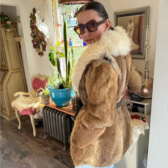 Vintage Genuine rabbit fur coat big collar chunky wool trim belt S *see note! - Picture 3 of 14